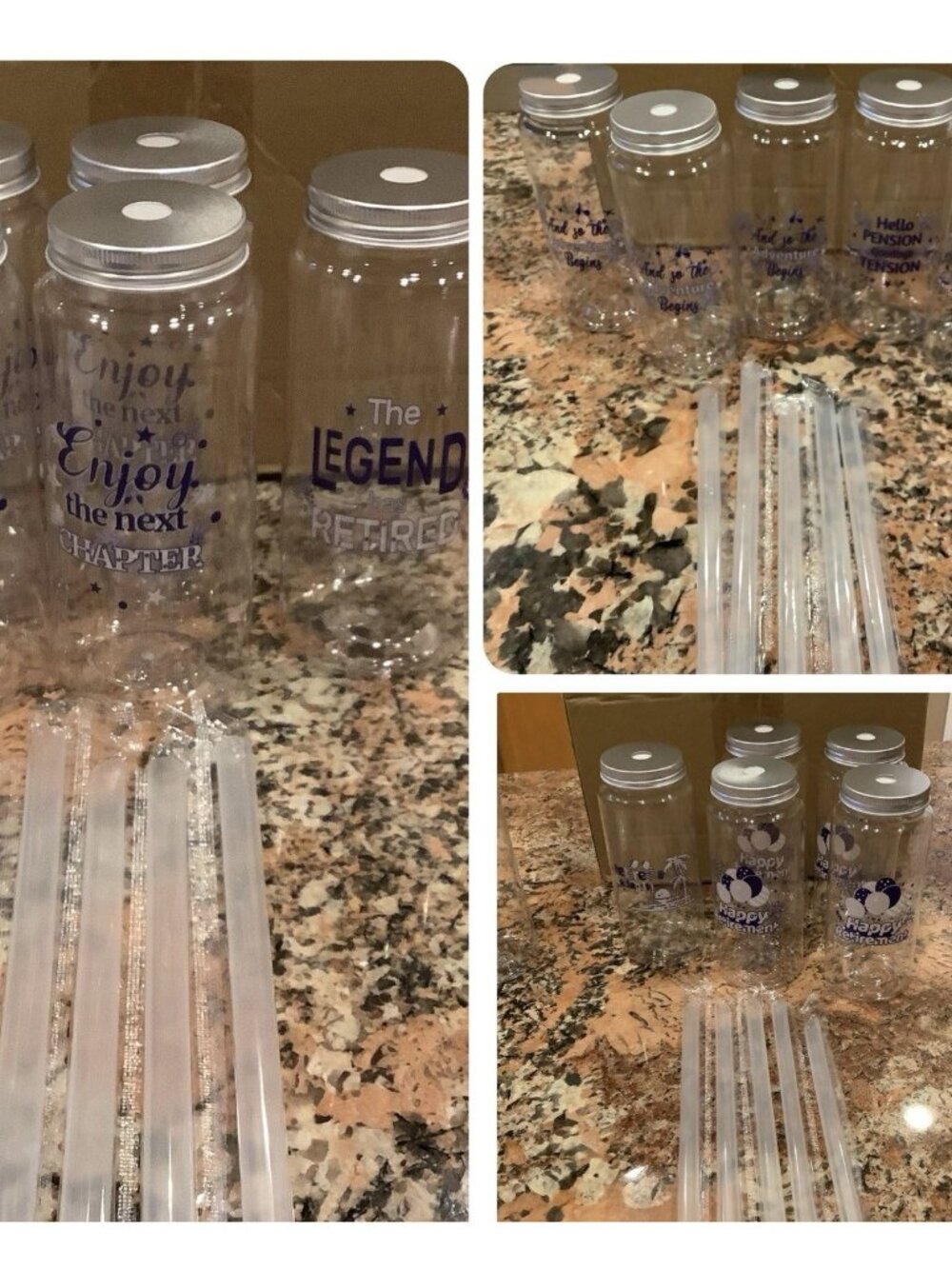 Jingmore 15pcs Retirement Cups With Straws, 13.5oz, Plastic Mason Jars, Reusable